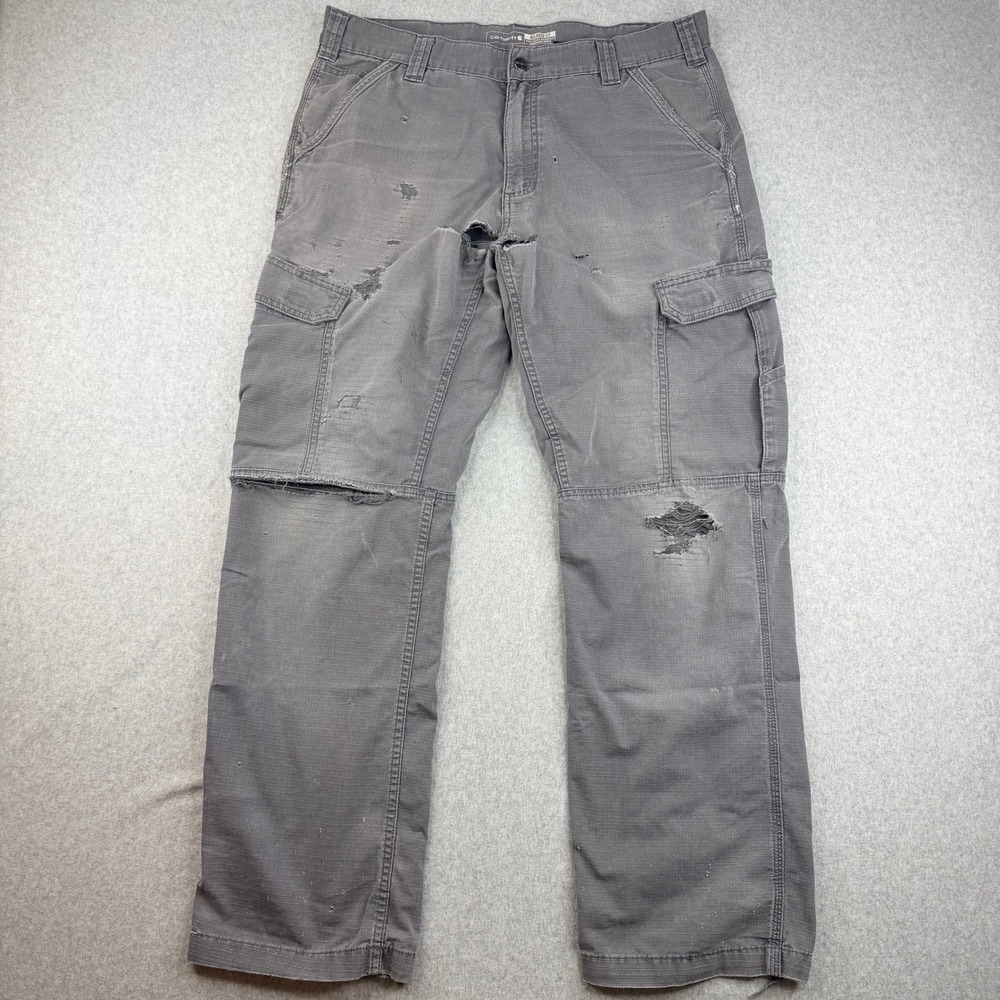 Carhartt‎ Force Relaxed Fit Cargo Pants Gray Ripstop Thrashed Distressed 36x32